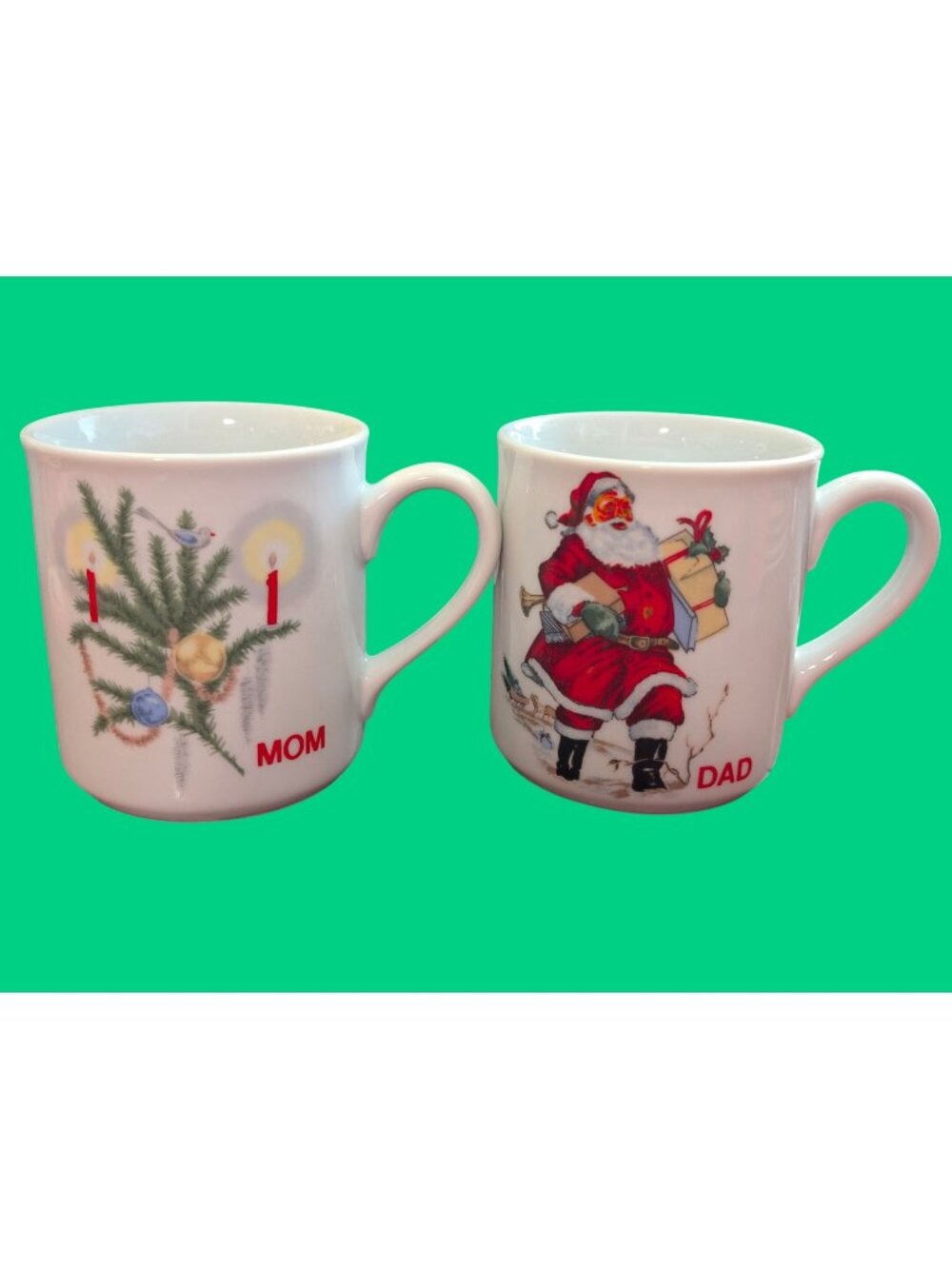 Vintage Schmidt Christmas Mugs Mom & Dad Set With Santa & Tree Design 1980s Porc